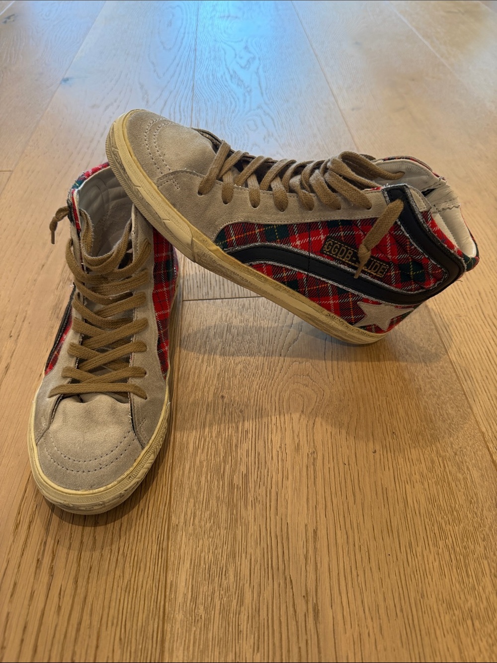 Golden Goose SLIDE Women’s Size 37 Red Plaid & Grey/Tan High-Top Sneakers
